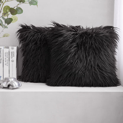 Phantoscope Pack of 2 Faux Fur Solid Throw Decorative Pillow Cover Cushion Covers Luxury Soft Halloween Decorative Pillowcase Fuzzy Pillow Covers for Bed/Couch, Black 18 x 18 Inches