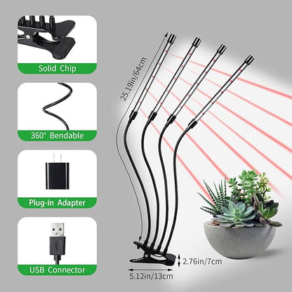 RWNTAO Grow Lights for Indoor Plants,168 LEDs Clip Plant Lights, Full Spectrum LED Plant Growing Lamps with Flexible Gooseneck, 3/9/12H Timer, 3 Spectral Modes, 10 Dimmable Levels, 4 Head