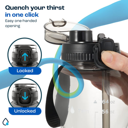 AQUAFIT 64 oz Water Bottle with Time Marker - 2in1 Straw & Chug Lid - BPA Free Big Water Bottle with Straw - Gym Water Bottle with Strap - Water Jug (64 Ounces, Gray)