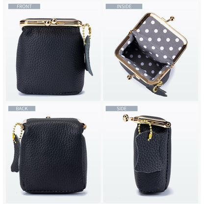 Genuine Leather Vintage Lipstick Coin Purse with Kiss-Lock Closure, mini travel jeweley box, Compact Travel Jewelry Organizer for Earrings, Rings, Keys, Coins (Black)