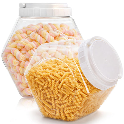 SOUJOY 2 Pack Plastic Candy Jar with Lid, 1 Gallon Cookie Containers for Kitchen Counter, Clear Hexagon Candy Display for Snacks, Dog Treats, Craft and Sewing Supplies, Coffee Pod, Laundry Pod