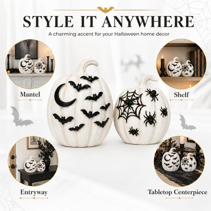 Halloween Pumpkins Decor Set of 2, Halloween Tabletop Decorations, Halloween Pumpkin Figurine Centerpiece for Mantel Shelf Entryway Table, Spooky Fall Home Decor, Pumpkin Statue Decorations Indoor