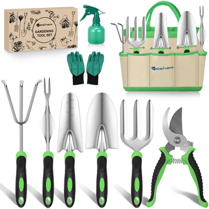 Yesker Gardening Tools 9-Piece Heavy Duty Garden Tool Set Gardening Supplies Gifts for Women Men Gardening Hand Tool Kit with Non-Slip Ergonomic Handle, Garden Bag, Durable Gloves and Shears, Green