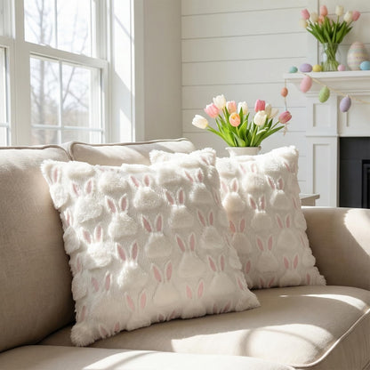 XLMJDZQ Easter Pillow Covers 18x18 Inch, Spring Pillow Covers Set of 2, Super Soft Plush Throw Pillow Shams with Bunny Design for Couch, Farmhouse Spring Decor, Hidden Zipper & Machine Washable