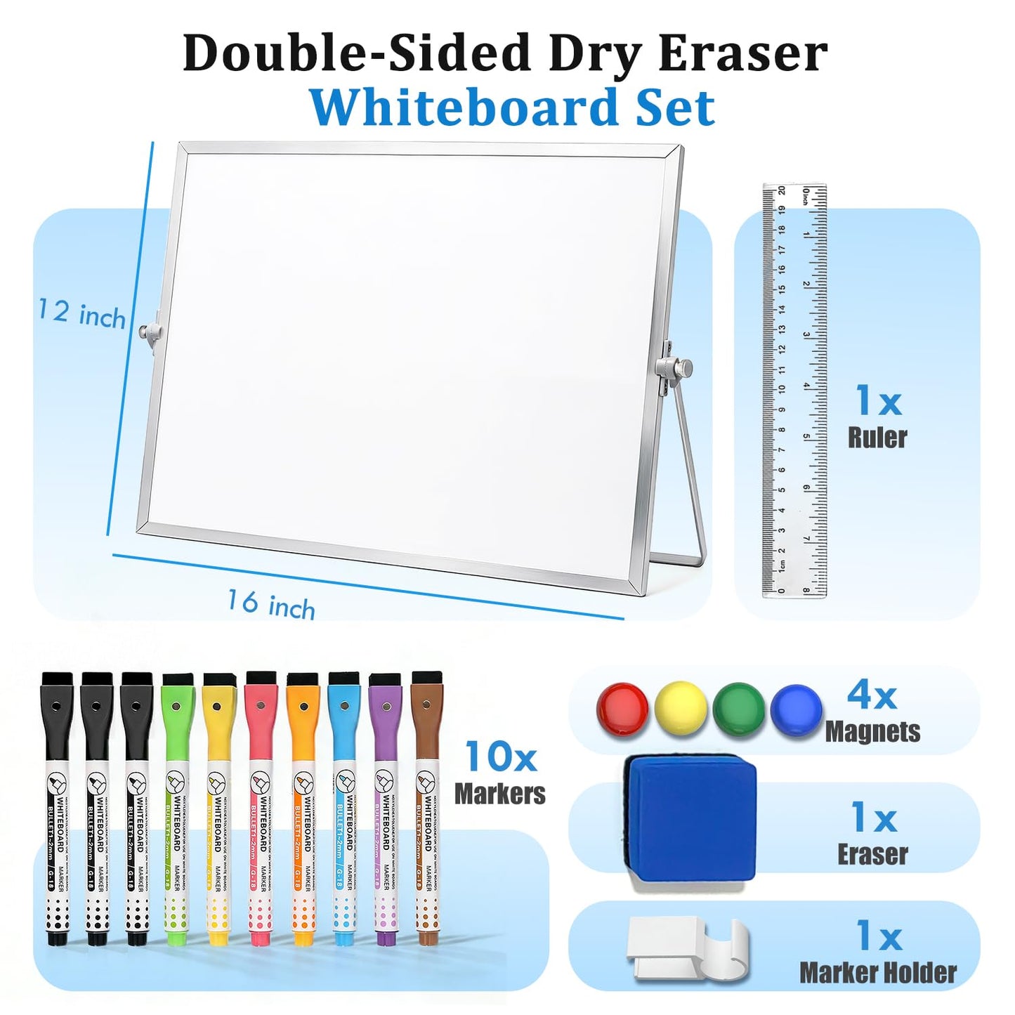 Teridokor Dry Erase Magnetic Whiteboard Double-Sided 16"x12" - Portable Desktop Whiteboard with Stand for Memo to Do List Office Home Drawing (10 Markers, 4 Magnets, 1 Eraser, 1 Ruler)