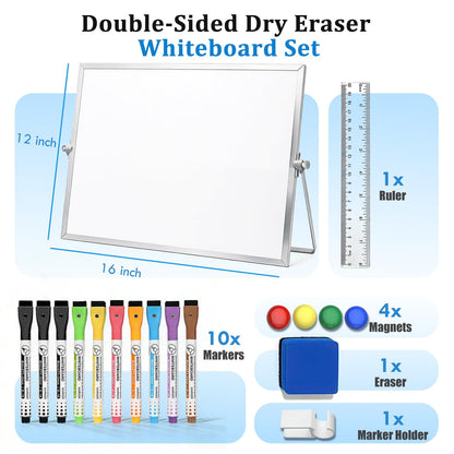 Teridokor Dry Erase Magnetic Whiteboard Double-Sided 16"x12" - Portable Desktop Whiteboard with Stand for Memo to Do List Office Home Drawing (10 Markers, 4 Magnets, 1 Eraser, 1 Ruler)