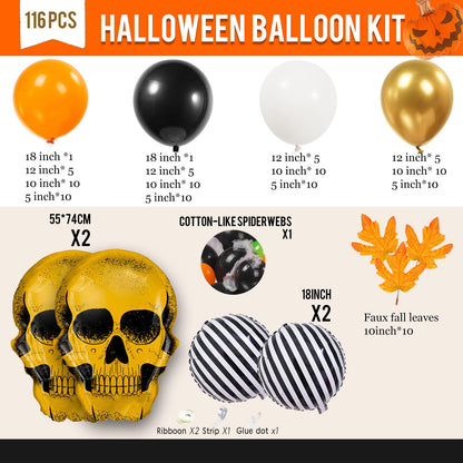 Halloween balloons arch kit Orange Black balloons skull stripe balloons & maple leaves spiderwebs for Fall adult horror halloween Birthday Spooky Theme Festival rick or Treat game Decorations