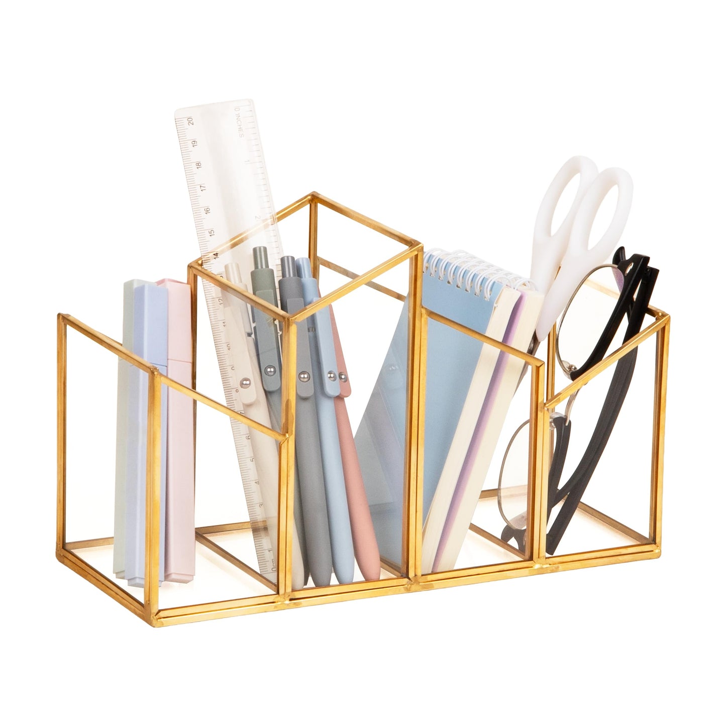 Mind Reader 4-Compartment Angled Glass Pen Holder with Copper Trim, Desktop Organizer for Office Supplies & Accessories, Glass and Copper, Clear