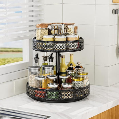 Lazy Susan Organizer 2 Tier - Turntable Spice Rack 12 inch Adjustable Metal Rotating Lazy Susan for Cabinet Pantry Kitchen Countertop Dining Table Cupboard Bathroom Vanity Storage Black