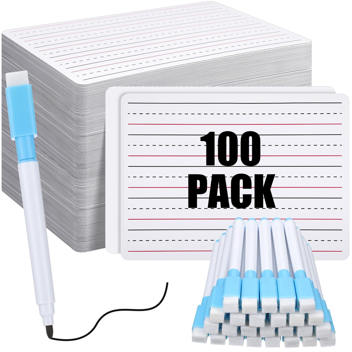 ReliThick 100 Pcs Lined Dry Erase Board with Markers 9 x 12 Double Sided Whiteboards Dry Erase Lapboards with Lines Ruled Writing Board Handwriting Practice