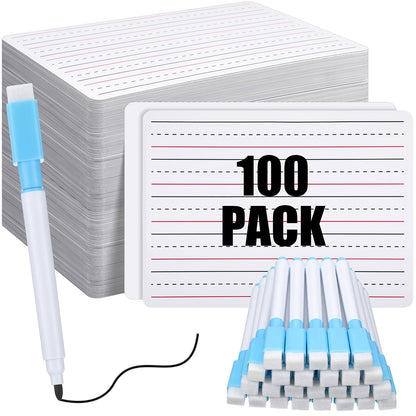 ReliThick 100 Pcs Lined Dry Erase Board with Markers 9 x 12 Double Sided Whiteboards Dry Erase Lapboards with Lines Ruled Writing Board Handwriting Practice
