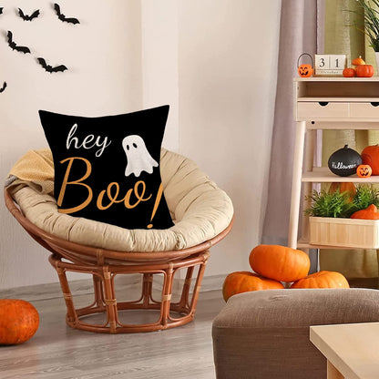 Easternproject Boo Halloween Decorative Pillow Covers Orange Black White Spooky Ghost with Hey Boo Throw Pillow Cases Square 22x22 Inch Cotton Linen Scary House Decor Cushion Cover