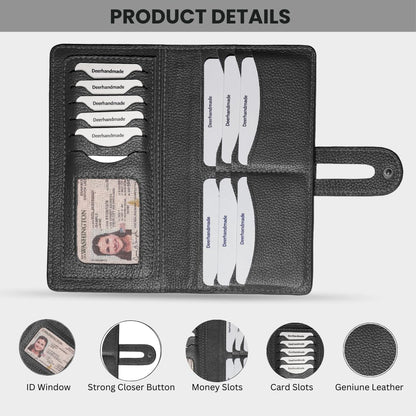 DEERHANDMADE womens wallet (Holds 15-18 Cards, 4 Flat Pockets, 1 ID Windows) Genuine Leather clutch purses for women | Slim long wallets for women | rfid blocking wallet (black wallet)