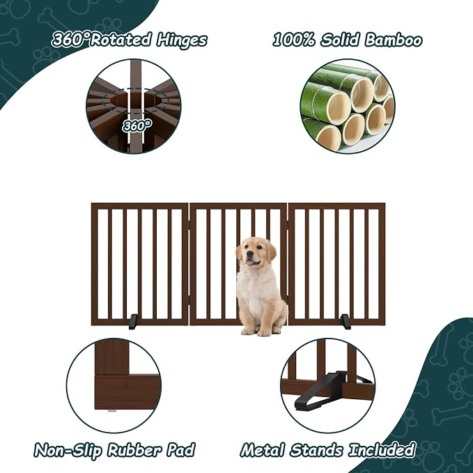 Freestanding Dog Gates Indoor, 3-Panel Pet Gates with 2 Metal Stands and 360° Hinge, 24" H Foldable Dog Gate for Stairs, Doorway, Kitchen, Expands Up to 55" Fully Assembled - Black Walnut
