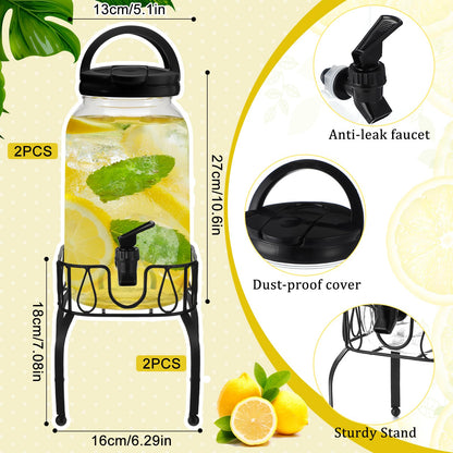 Tanlade 2 Pcs Plastic Drink Dispenser with Stand Beverage Dispenser with Sturdy Metal Base Juice Jar for Parties Lemonade Jar Spigot for Weddings Countertop Water, Each 1 Gallon(Black)