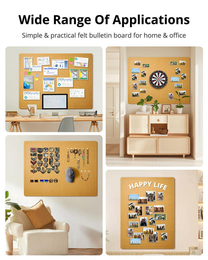 Woovio Bulletin Board, 48 x 36 inches Cork Board Alternative, 12 Pack Felt Pin Boards for Walls Home Office Decor, Classroom with 60 Adhesive Tabs Longan Yellow