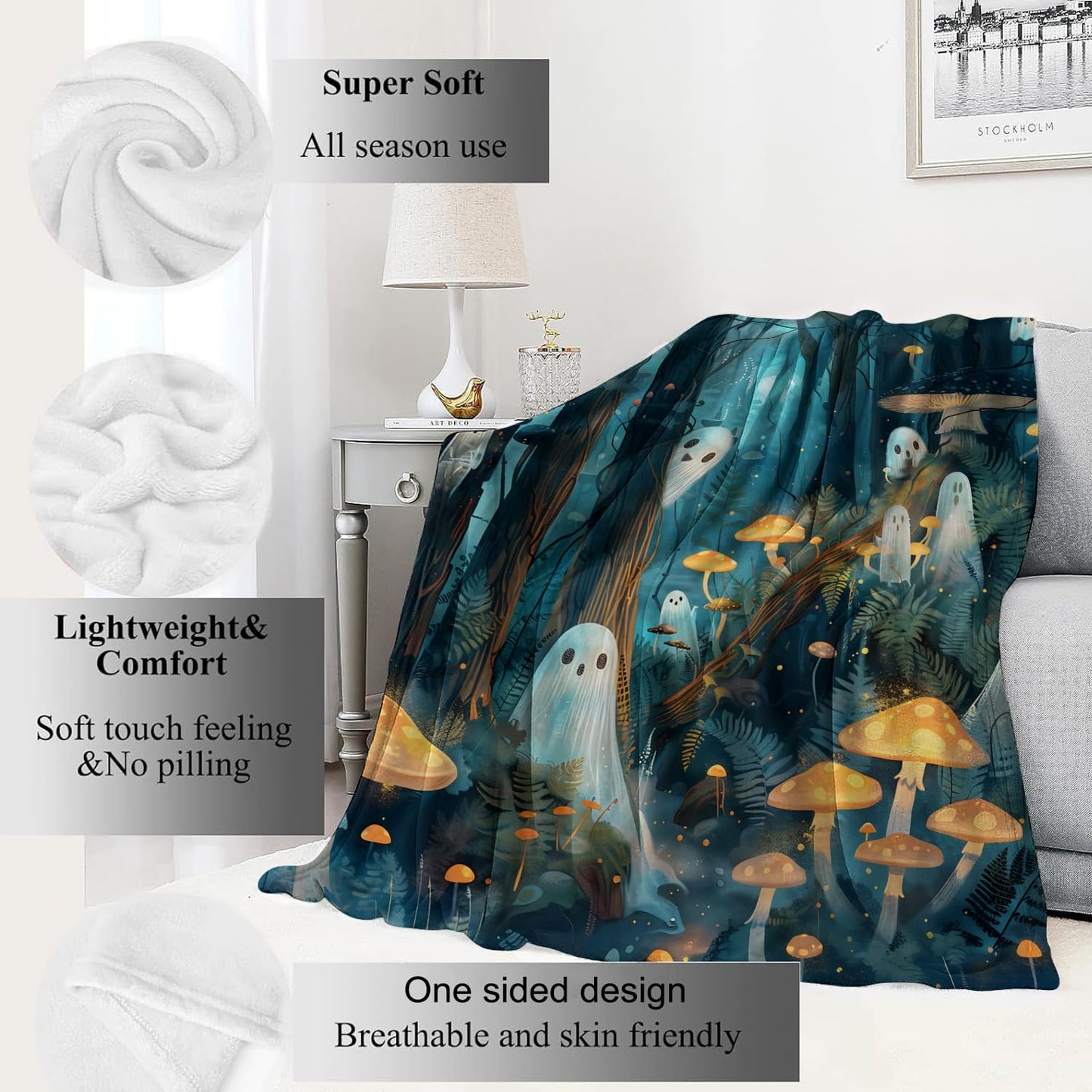 VODRM Ghost Blanket Haunted Forest Throw Blankets,Birthday Gifts for Kids Adult,Lightweight Soft Fleece with Glowing Dark Mushroom,Sofa Couch Bed Room Horror Halloween Decor 50x60in
