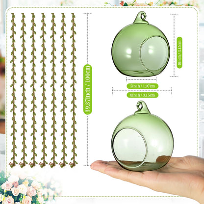 GlikCeil 13 Pcs 3.15'' Hanging Glass Candle Holder with Burlap Leaf Ribbon, Glass Orbs Air Plants Tea Light Candle Holders, Globe Plant Terrariums for Decor Indoor Outdoor Garden DIY (Green)