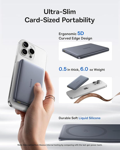 Baseus Picogo Magsafe Portable Charger, Qi2 15W 0.5" Ultra Slim 10000mAh Wireless Power Bank, 27W Fast Charging Magnetic Battery Pack with USB-C for iPhone 17 Pro Max/17 Pro/Air/16/15/14/13/12