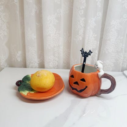 Minigift Ceramic Tea Cup and Saucer Set ，6oz 3D Hand-painted Pumpkin and White Ghost Coffee Mug ，Halloween Home Decoration，Gift