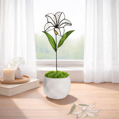 Verssure Stained Glass Flower, Stained Glass Lily with Ceramic Pot, Real Handmade Sun Catcher, Eternal Lily Decorative Sculpture Gift for Women, Mom, Wife, Anniversary, Home Decor