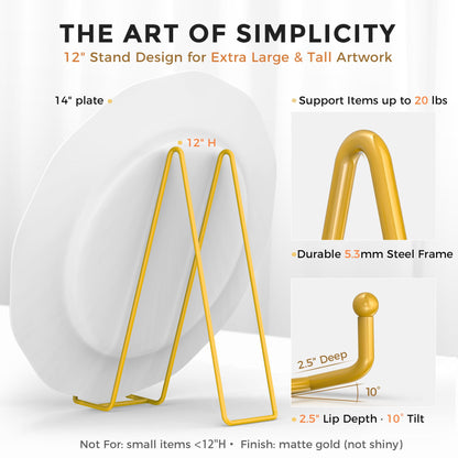 TR-LIFE 12 Inch Large Plate Stands/holder for Display - Metal Picture Frame Holder Stand + Small Easels for Platter, Book, Plaques, Photo, Tabletop Art (Gold 2 Pack)