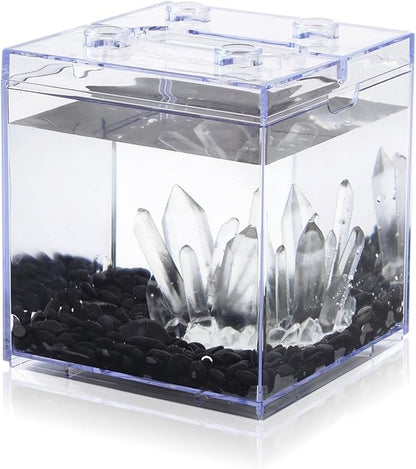 Mini Betta Fish Tank, Stackable Small Fish Bowl for Desktop Decoration, 0.2 Gallon 360° Rotatable Tiny Aquarium Kit with Gravels & Resin Crystal Cluster for Sea Monkey, Shrimp
