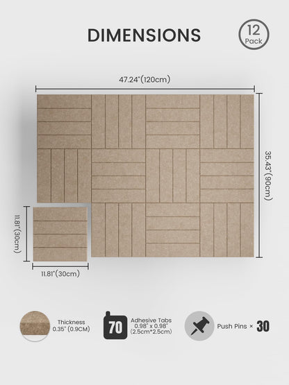 Bumusty Large Cork Board Alternative-48 x 36" Felt Bulletin Board Tiles, with 30 Pushpins, 70 Adhesive Tabs, Bold-Stripe 12-Pack, Cork Boards for Office Push Pin Board Felt Board-Taupe