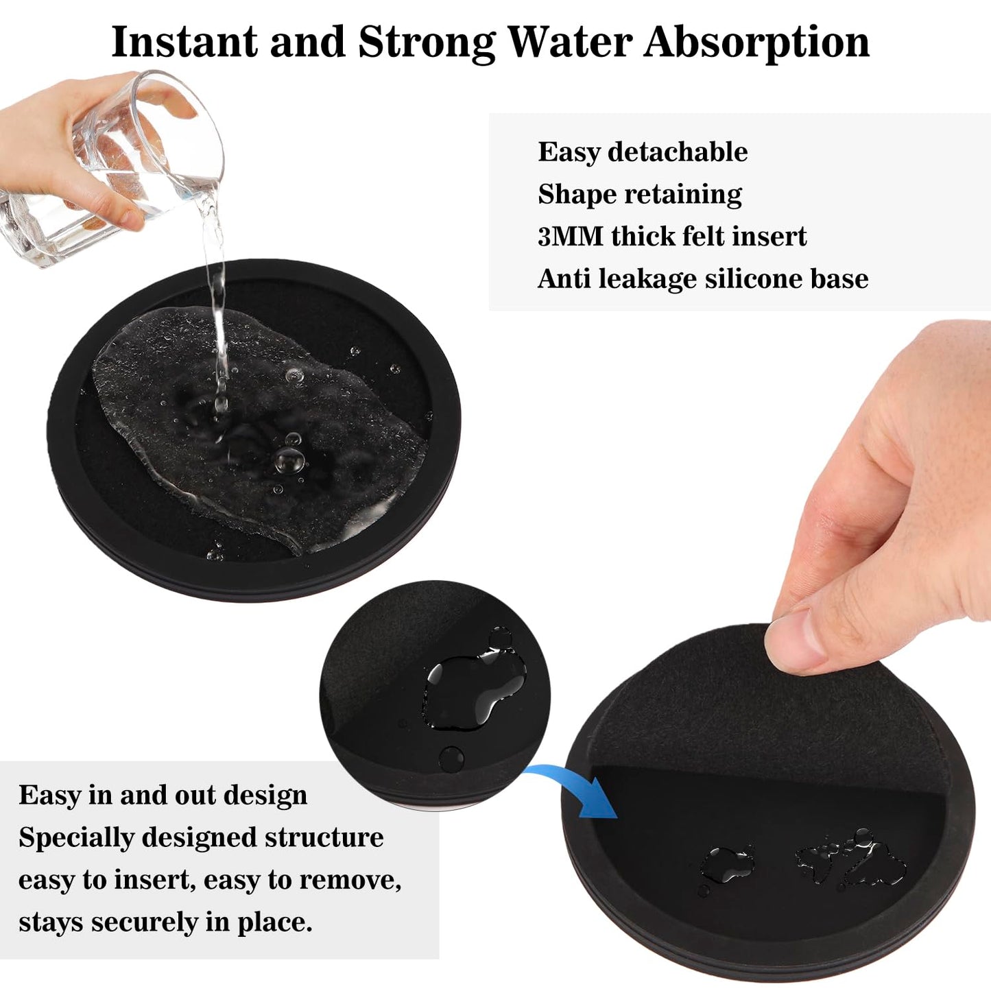 Sleek Absorbent Coasters with Holder – Silicone Cup Mat with Removable Felt Insert Non-Slip, Non-Stick, for Coffee Tables, Kitchen Décor – Set of 6 Coasters (Black)