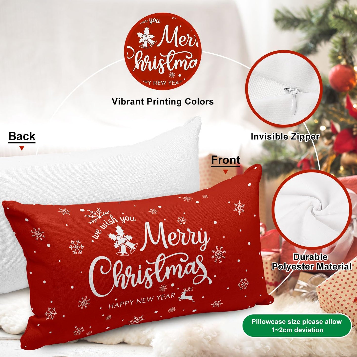 Lanpn Christmas Lumbar Throw Pillow Covers 12x22 Set of 4, Merry Christmas Winter Xmas Snowflake Decorative Holiday Cushion Pillow Cases 12 x 22 for Indoor Farmhouse Home Room Couch Decor (Red)