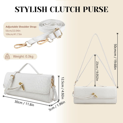 BWKUNOLF Evening Clutch for Women Crocodile Print - PU Leather Crossbody Bag with Removable Strap, Formal Party & Wedding Handbag (White)