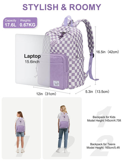 VASCHY Corduroy Backpack for Girls, Lightweight School Bag for Elementary, Middle & High School, Teen Bookbag, Women’s Casual Travel Daypack Purple Plaid