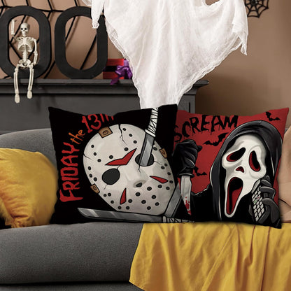 Pycat Halloween Horror Movie Characters Decorative Throw Pillow Covers 18 x 18 Set of 4, Red Black Scary Grim Reaper Mask Porch Outdoor Home Decor, Scream Bloody Knives Bat Sofa Couch Cushion Case