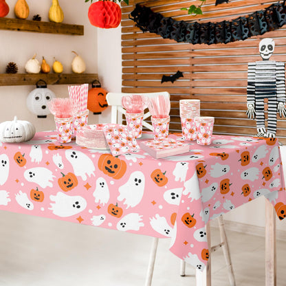 JarThenaAMCS Halloween Tableware Sets Serves 25 Guests Pink Ghost Pumpkin Plates Napkins Cups Fork Knife Spoon Straw Tablecloth Disposable Dinnerware for Birthday Baby Shower Party Supplies