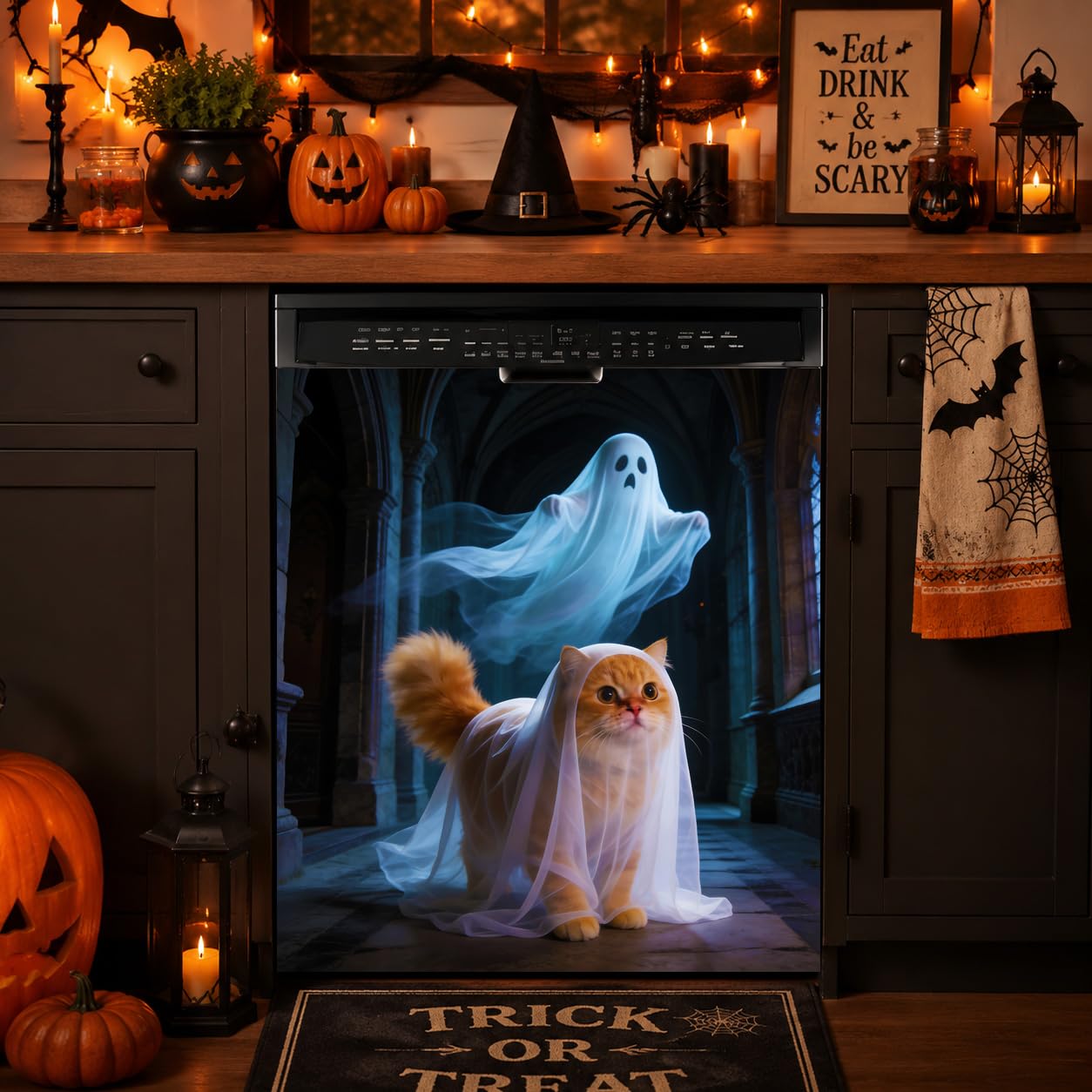 Halloween Ghost Cat Dishwasher Cover Magnet,23.03 x 25.59 in,Dishwasher Magnetic Cover for Kitchen Decor