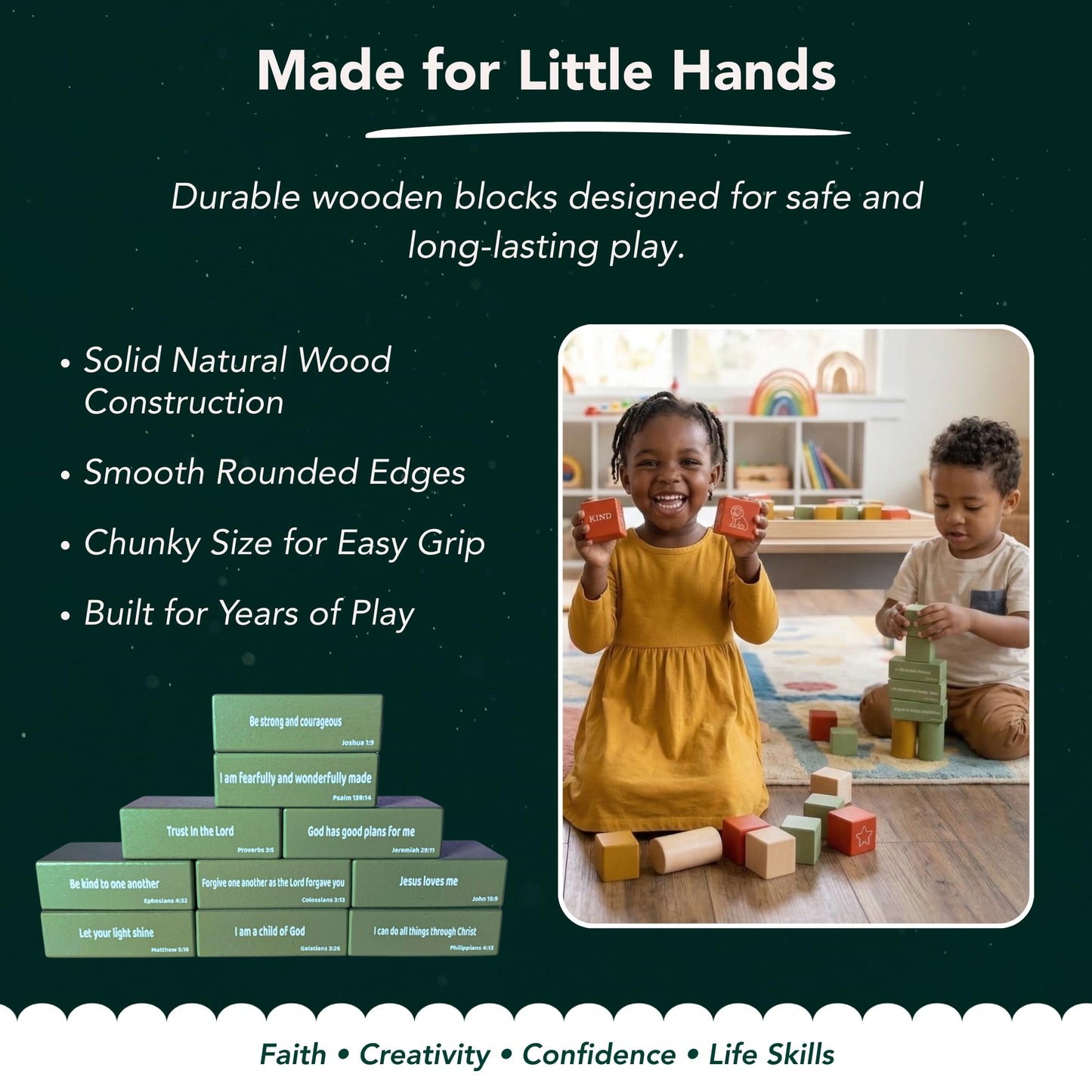 Bible Building Blocks for Kids – Christian Wooden Toy with Bible Verses & Positive Identity Words, Faith-Based Learning Set with Storybook & Storage Bag (Ages 3+) – Christian Gifts - KultureGames