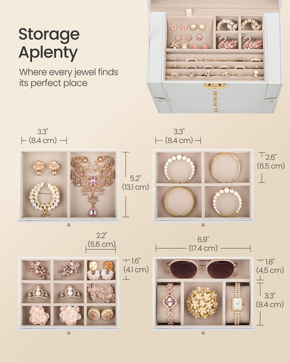 SONGMICS 5-Layer Jewelry Box Organizer with 4 Drawers, Jewelry Storage Case with Lock and Mirror, Large Storage Capacity, Gift for Loved Ones, for Necklaces, Watches, Cream White UJBC153WD01S