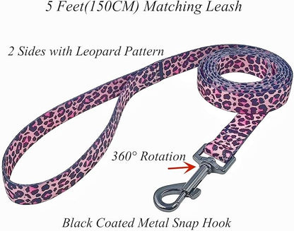 Dog Collar Leash Set, Leopard Pattern, Polyester Material, Adjustable Collar and 5ft Matching Leash, for Medium Dogs.(M, Colorful Leopard)