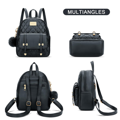 KKXIU Girls Small Backpack Purse Vegan Leather Quilted Mini Daypack for Women Trendy Bookbag (Black)