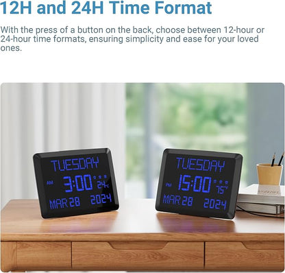 11.5” Extra Large Digital Wall Clock with Date and Day of Week , Electric Desk Clock for Seniors, Large Display Alarm Clock for Bedroom with Battery Backup, 5 Dimmer, 2 USB Ports, Indoor Temp, 12/24H