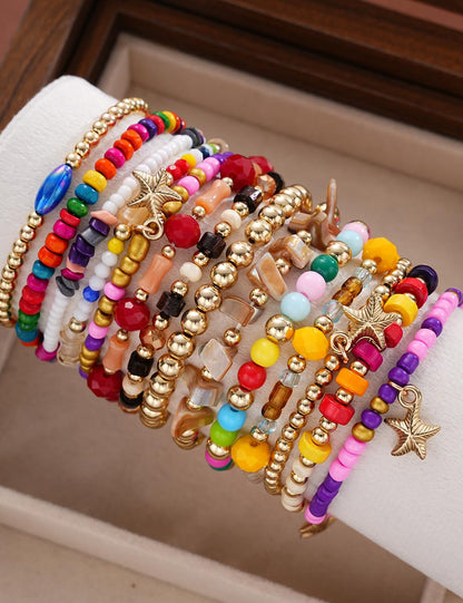 iF YOU 12 Pcs Boho Beaded Bracelets for Women, Brown Orange Bohemian Stackable Gold Bead Stretch Bracelets Stack Jewelry Gift (Colorful beaded bracelets)