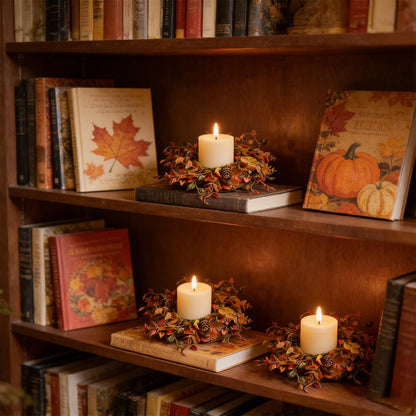 4 Pcs Mini Fall Candle Ring Wreaths Autumn Pinecones Mixed Foliage Artificial Pillar Candle Holder Wreath for Farmhouse Thanksgiving Harvest Porch Front Door Cabinets Table Decoration
