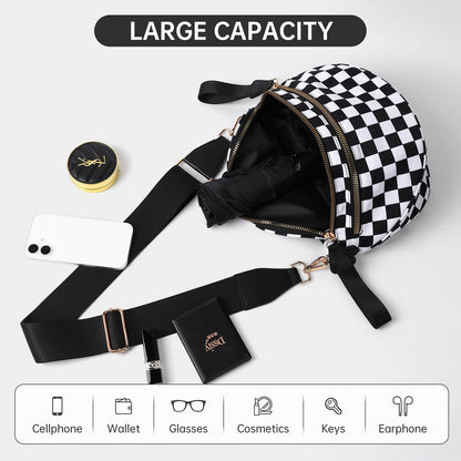 FFEDAYUN Checkered Crossbody Bag Spacious Bum Bags for Women Nylon Fanny Packs Belt Bag Handbags Wallets for Shopping Travel,Black White