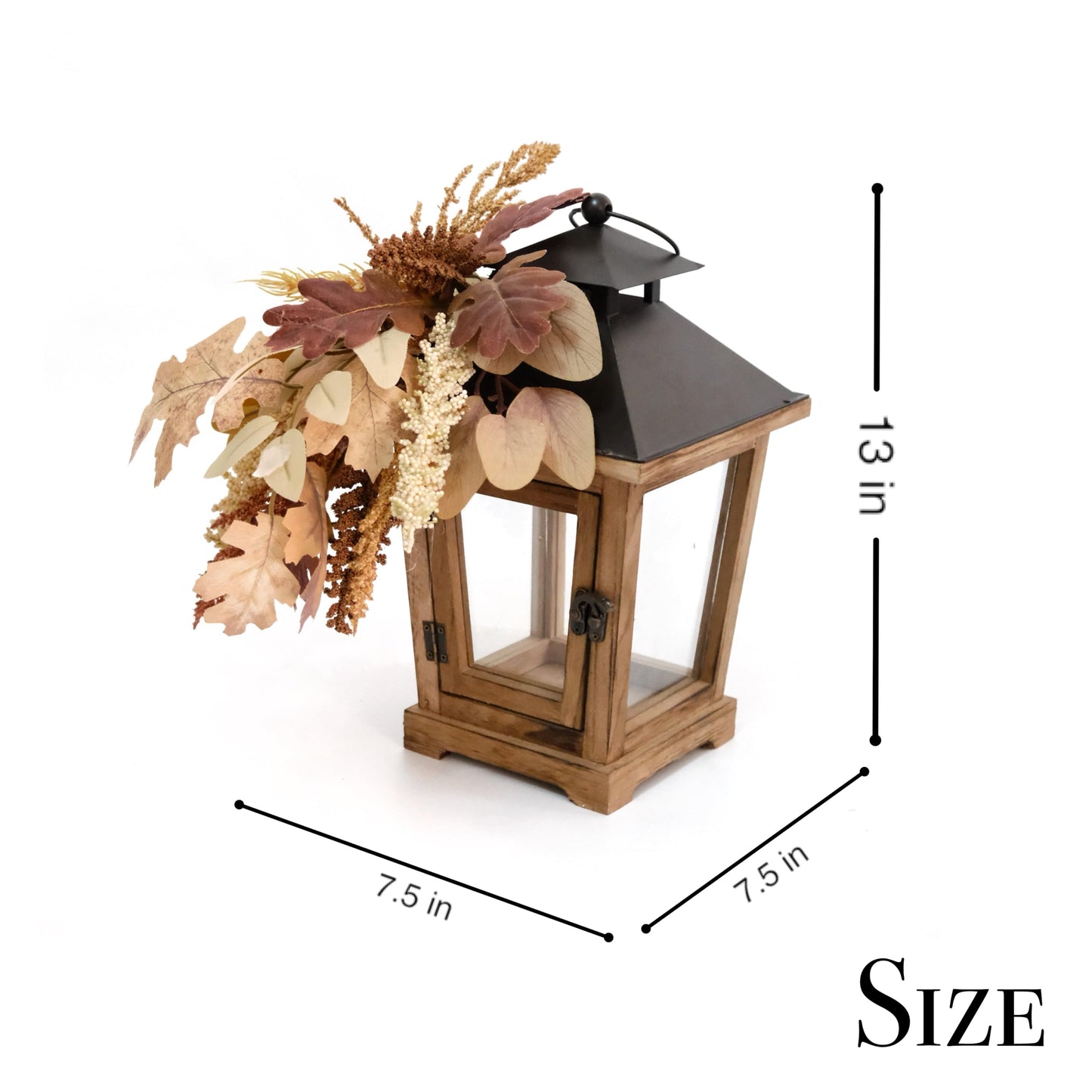 LushNook Fall Lantern Decoration, Large Wooden Hurricane Candle Lantern Decorated with Autumn Wheat Leaves, Fall Decor for Home, 14" Tall