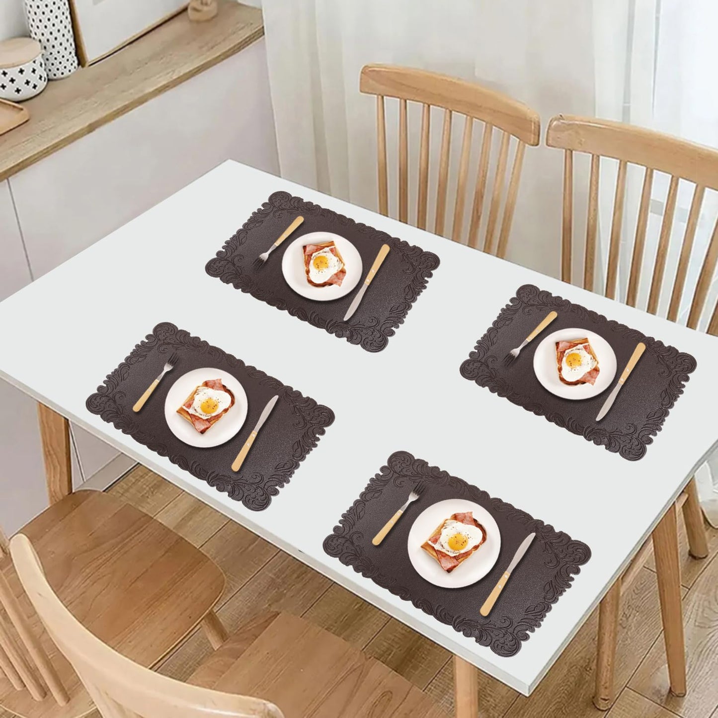 Royannie Placemats Indoor Set of 6,Brown Faux Leather Embossing