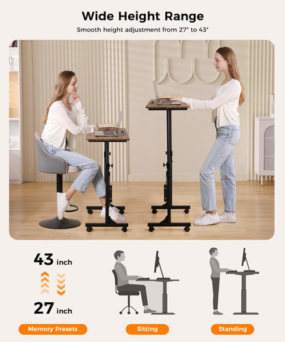 KLSMYHOKI Portable Standing Desk Adjustable Height, Small Computer, Laptop, Mobile Stand Up Rolling Desk with Wheels, Table for Home Office, 16"x31.5" Height 27"-43.5", White