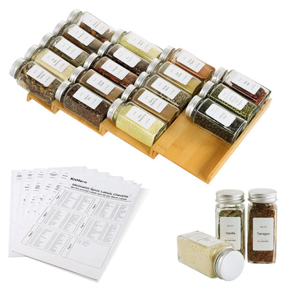 Spice Drawer Organizer with 24 Spice Jars and 216 Labels,Non-slip Rubber, Bamboo 4 Tier Spice Racks Tray Seasoning Containers for Kitchen Drawers,Cabinets,Countertops,13" Wide * 15.8" Deep