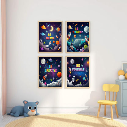 Bentolvia Set of 4 Outer Space Posters for Kids, 8 x 10 Inches Unframed Inspirational Art Decor for Boys and Girls, Playroom and Nursery Space Wall Art