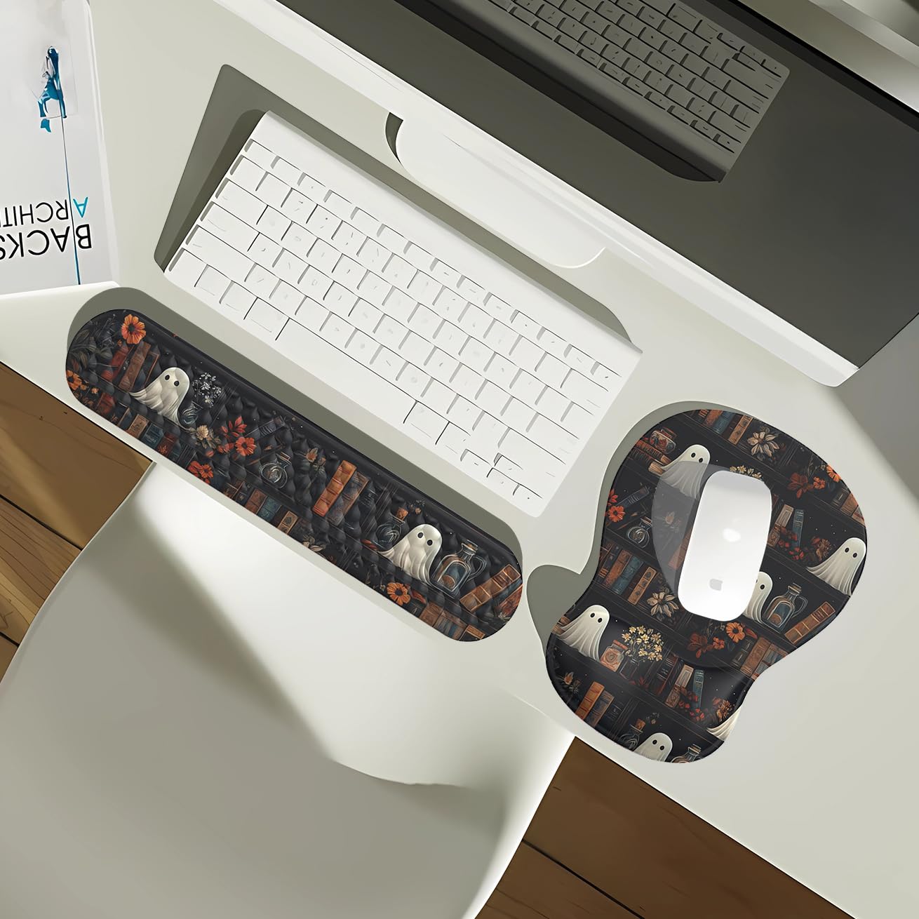 Ghost Book Mousepad with Wrist Rest Halloween Computer Keyboard Mouse Pad Black Cute, Mouse Pad with Wrist Rest for Computer Keyboard, 2 In1 Mousepad with Wrist Support Easy Typing&Relieve Wrist Pai