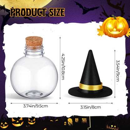 Baderke 12 Pcs 13.5 oz Spherical Plastic Potion Bottles with Hat Ball Shape Round Bottles for Drink Candy Jar Halloween Table Decoration DIY Crafts Gifts(Black)